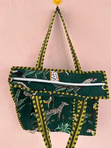 Luxury Green Quilted Cotton <b>Tote</b> <b>Bag</b> with Animal Hand Print Bohemian Style <b>Summer</b> Casual Open Shopping <b>Bag</b> for Women - Product Image 3