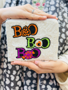 Handmade Beaded <b>Clutch</b> <b>Bag</b> <b>White</b> Sequin Halloween BOO Pattern Square Zipper Evening Purse Coin Wallet - Product Image 1