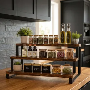 Organizador de encimera de 3 niveles, estante de almacenamiento de madera rústica con estructura metálica resistente, estante multiusos para especias de cocina y café - Product Image 6