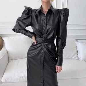 Vestido de Mujer de Piel Sintética con Mangas Abullonadas, Estilo Retro, Cuello Solapa, Cintura Ajustada, Novedad de Primavera, Venta al por Mayor para Boutiques - Product Image 3