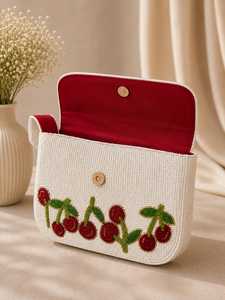 Bolso de Hombro Bohemio Hecho a Mano con Cuentas de Cereza, Patrón de Letras, Bolso de Cuentas Blancas, Ecológico - Product Image 2