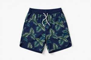 Short de bain décontracté pour homme en toile de polyester respirante, imprimé feuilles de palmier bleu marine, taille mi-haute avec cordon de serrage - Product Image 2