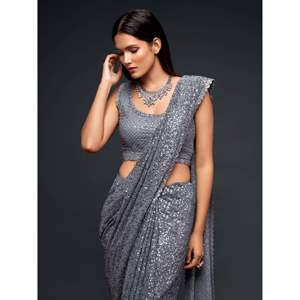Superbe saree gris ardoise pailleté en georgette pour robes de cocktail - Product Image 3
