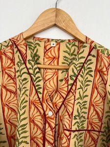 Women’s Beige Rust Botanical Stripe Print Cotton Pajama Set with Long-Sleeve Button-Down <b>Shirt</b> pure cotton pj set for women - Product Image 3