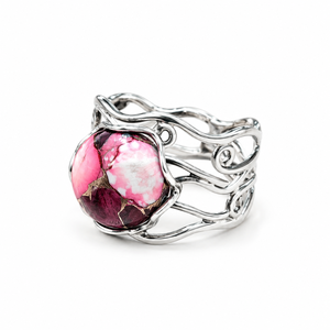 Bague en argent turquoise rose huître, pierre précieuse naturelle ronde, style cocktail vintage, bande ondulée, vente en gros - Product Image 2