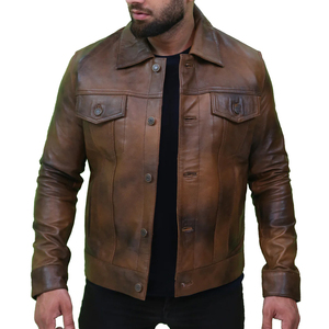 Veste en cuir véritable marron pour homme, style motard, col rabattu, coupe classique, pour l'automne - Product Image 4