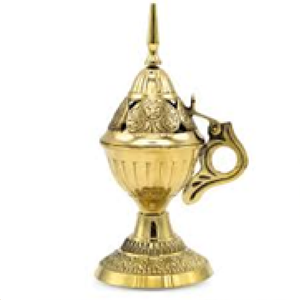Vintage brass pedestal dhoop incense <b>burner</b> censer with <b>side</b> handle and pointed lid, available at wholesale prices. - Product Image 1