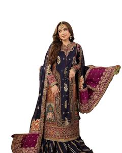 Colección de Bodas de lujo pakistaní indio último bordado gasa Salwar Kameez Venta caliente 0409 vestido algodón Lino viscosa - Product Image 1