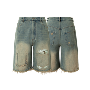 Shorts en jean d'été pour hommes, déchirés, brodés, couleur personnalisée, coupe mi-élastique droite, 100% coton, séchage rapide, respirant - Product Image 3