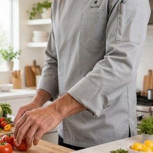 Uniforme de Chef con Logotipo Personalizado en Relieve, Manga Larga, Cuello Mao, Transpirable, Tejido Suave TR Spandex, Cierre de Botones, para Restaurante y Bar - Product Image 6