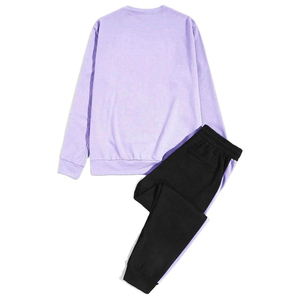 Survêtement color-block lavande et noir pour homme - Ensemble 2 pièces en molleton avec col rond à épaules tombantes et pantalon de jogging à bandes latérales - Product Image 2