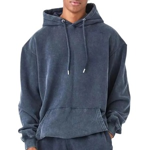 Unisex Dark Blue Washed Polyester Breathable <b>Lightweight</b> <b>Hoodie</b> Sweatpants Set Casual Loose Fit Full Sleeve Solid Tracksuit - Product Image 5