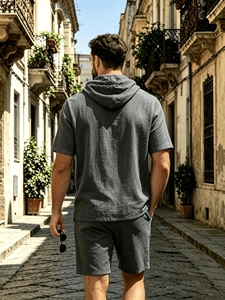 Men's Cotton Hooded Short Sleeve Shirt Set Solid Casual Summer Breathable Woven Quick Dry 120g 2pcs Made Bangladesh Customized - Product Image 3