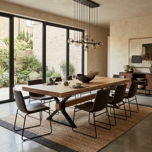 Mesa de Comedor de Madera Maciza de Suar con Borde Natural, Patas de Metal Negro con Base Cruzada, Muebles de Cocina Rústicos Industriales, Losa Natural - Product Image 2
