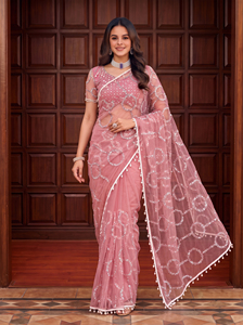 Tela de Saree India de Diseño con Bordado de Lentejuelas, Perlas y Cuentas Decorativas - Product Image 3