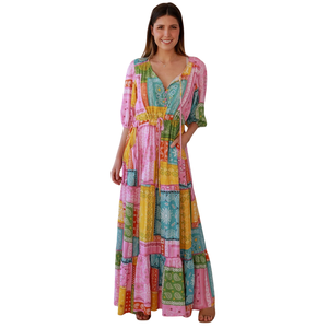 Vestido Maxi Floral con Corte en A para Mujer, Vestido de Manga Corta con Lazo Delantero - Product Image 3