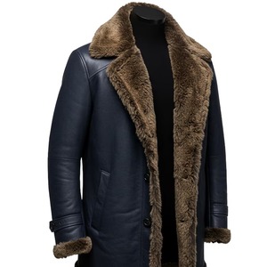 <b>Men</b>’s <b>Navy</b> Leather Shearling <b>Coat</b>, Long Winter <b>Trench</b>, Faux Fur Collar Outerwear - Product Image 1