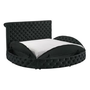 Set di Mobili per Camera da Letto 3 Pezzi: Letto Queen Size Nero in Velluto con Bottoni e Contenitore, 2 Comodini in Legno - Product Image 3