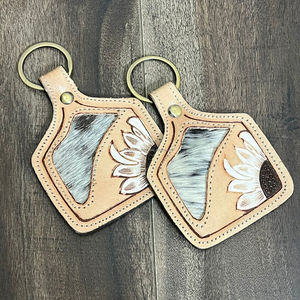 New Manufacturer Tooled Leather Cowhide Keychain White Sunflower Western Key Fob Rustic Floral Car Key Holder Gift for Unisex - Product Image 4