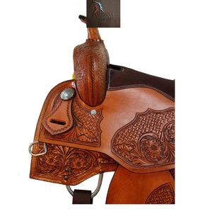 Western Tan Leather Floral And <b>Basket</b> Hand Tooled Barrel Racing Horse Saddle Metal Conchos Brown Suede Seat With Tack Set - Product Image 3