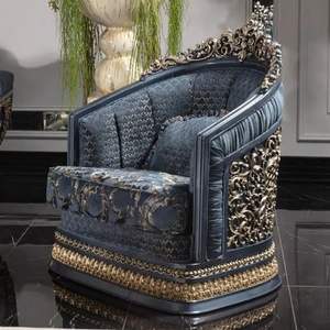 Juego de Sofás Seccionales de Madera Tallada Clásica Azul de Lujo, Muebles Ecológicos, Duraderos y Elegantes para Sala de Estar, Estilo Post Ranch Inn - Product Image 5