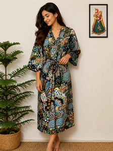 Bata Kimono de Algodón Azul Paisley con Estampado Floral para Mujer, Estilo Otoñal, Bolsillos Dobles, Mangas Largas, Cuello en V, Regalo de Navidad - Product Image 1