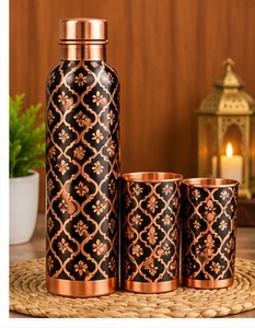 Traditional Copper <b>Water</b> <b>Bottle</b> Set with Floral Design Portable Travel Drinkware <b>Metal</b> Flask and Cups - Product Image 3