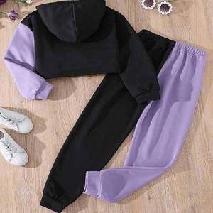 Survêtement à capuche color block pour femme avec pantalon long imprimé, tenue décontractée d'automne en polyester respirant - Product Image 4