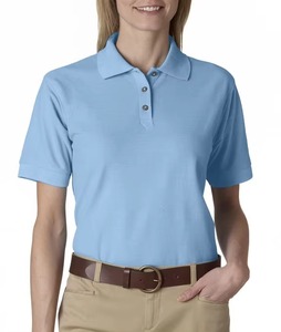 Polo en piqué de coton bleu clair pour femme, manches courtes, couleur unie, décontracté, respirant, tricoté, coupe classique, vente en gros OEM - Product Image 1