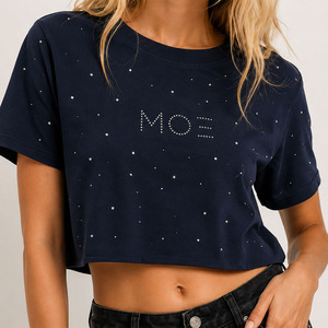 Manufacturer Custom <b>Rhinestone</b> Decorated women's shirt Relaxed Fit Y2K Embellished Cotton Blend <b>Crop</b> <b>Top</b> Personalized Branding - Product Image 2