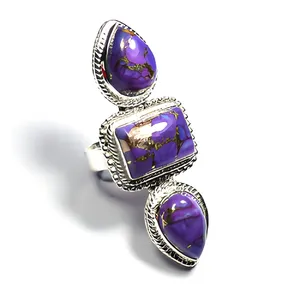 925 Sterling Silver Purple Copper Turquoise Three Stone Statement Cocktail Ring Handmade Gemstone Jewelry - Product Image 1