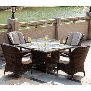 Outdoor 4-Seat Rattan Square <b>Gas</b> <b>Firepit</b> Dining Set with Eton Chairs and Cushions for Garden Use - Product Image 4
