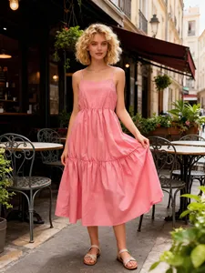 Women Elegant Pink Cotton Midi Dress Sleeveless <b>Spaghetti</b> <b>Strap</b> Casual Summer Boho Dress - Product Image 4