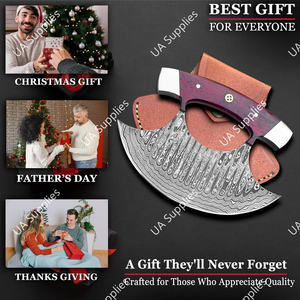 Cuchillo Ulu Sharp Rocker de Acero de Damasco con Hoja Curva, Mango de Madera de Palisandro, Hecho a Mano, Ambidiestro, Funda de Cuero, Personalizable - Product Image 5