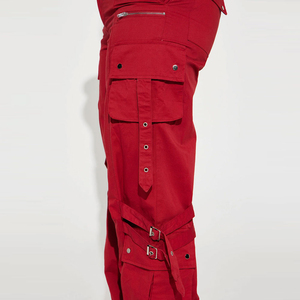 Pantalones Cargo de Cintura Alta para Mujer, Personalizados, Rojos, de Lona, Corte Holgado, Largos, con Bolsillos, Cierre de Botones, Estilo Utilitario, Proveedor OEM - Product Image 3