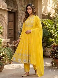 Traje Anarkali de Georgette con Bordado de Lentejuelas Amarillas, Dupatta, Diseño de Alta Costura para Fiestas y Bodas, Top y Pantalón, Sin Arrugas, Protección Solar - Product Image 1