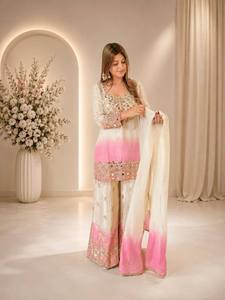 Traditional Indian Pakistani <b>Women's</b> Silk <b>Kurta</b> Set With Dupatta Cream And Pink Embroidered Loose Fit Ankle-Length Wedding - Product Image 3