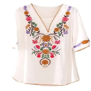 New Hot Bohemia Style Boho Clothing Women Blouses And Tops Floral Print Sexy Cross V Neck Blouse Shirt Vintage Silk blouse
