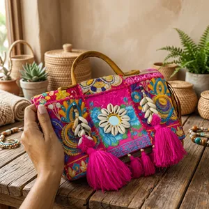 Bolso de mano estilo boho de color rosa con patchwork Kambhari de calidad premium disponible a un precio asequible desde India. - Product Image 4
