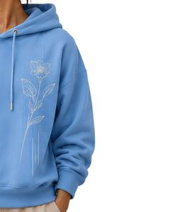 เสื้อฮู้ดดี้ผู้หญิงสีฟ้าสกายบลูทรงโอเวอร์ไซส์ พิมพ์ลายดอกไม้ตามสั่ง ผ้าฝ้ายฟลีซ เสื้อฮู้ดแบบสวมหัว สไตล์ลำลอง สตรีทแวร์ - Product Image 4