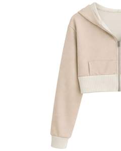 Sudadera con capucha corta para mujer, personalizada por el fabricante, con cremallera, color beige y bloques de color en felpa de algodón, estilo casual y urbano. - Product Image 4