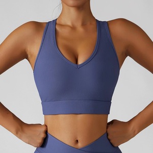 V-Neck Ribbed Sports Bra Medium Support Purple Yoga <b>Top</b> For Women - Product Image 1