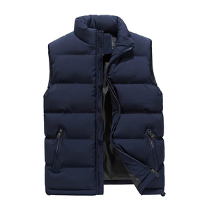 Chaleco acolchado para hombre, color azul marino, para exteriores, sin mangas, con cremallera, informal, con bolsillo, servicio OEM. - Product Image 1