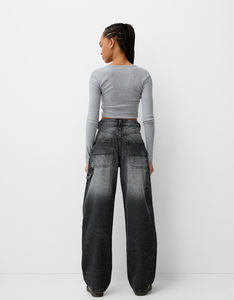 Jean droit taille haute en denim pour femme, coupe ample et décontractée, bleu, avec poches latérales, faible MOQ - Product Image 3