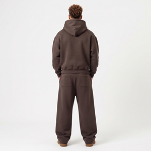 <b>Men</b>’s <b>Brown</b> Oversized Zip Up <b>Hoodie</b> & Wide Leg Sweatpants Set Heavyweight Fleece Streetwear Tracksuit - Product Image 3