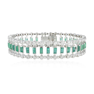 18K Yellow <b>Gold</b> Art Deco <b>Bangle</b> Bracelet with Emerald Cut Diamond and Baguette Emerald - Product Image 1