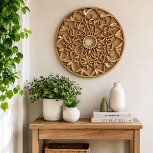 Arte Floral de Pared Redondo de Madera Hecho a Mano |   Decoración de pared con mandala botánica cortada a láser, estilo rústico bohemio, colgante de madera para la habitación del hogar. - Product Image 1