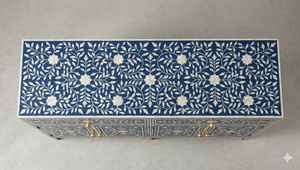 Handcrafted Bone Inlay <b>Console</b> <b>Table</b> Mediterranean Style <b>Blue</b> White Geometric Pattern Wooden Sideboard Entryway Storage Cabinet - Product Image 4