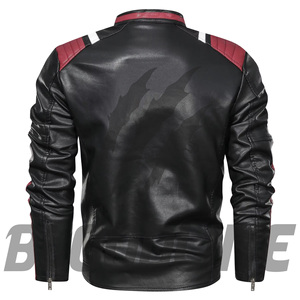 Men's Black PU Leather Moto Jacket With Red Accents Turn-<b>down</b> Collar Zipper Closure Slim Fit Autumn Wear - Product Image 1