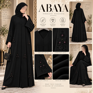 Abaya noire de qualité supérieure pour femmes avec broderie perlée |   Robe musulmane modeste à manches longues, tenue islamique ample et élégante, abaya - Product Image 5